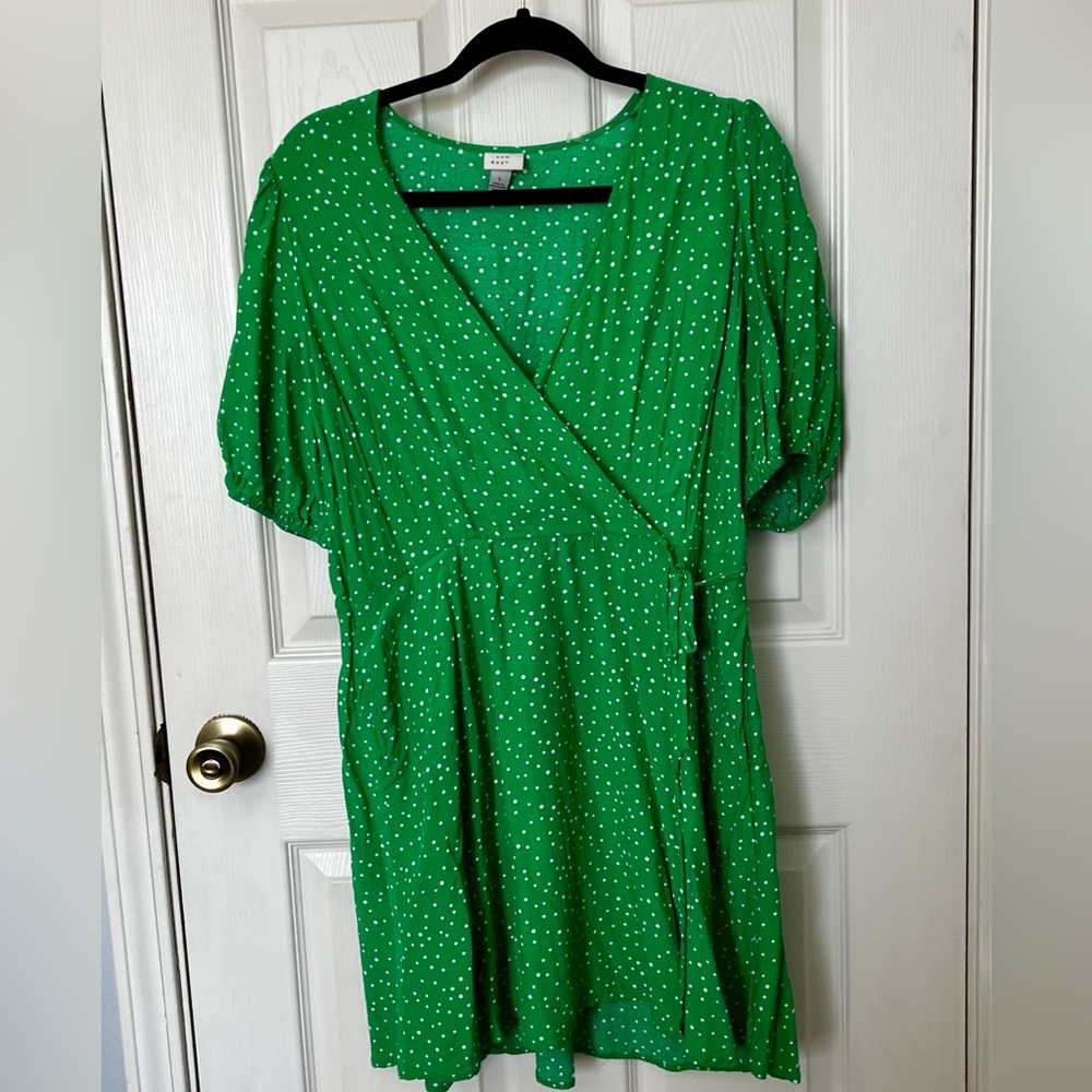 a new day Green Polka Dot faux wrap mini Dress puff sleeve size large